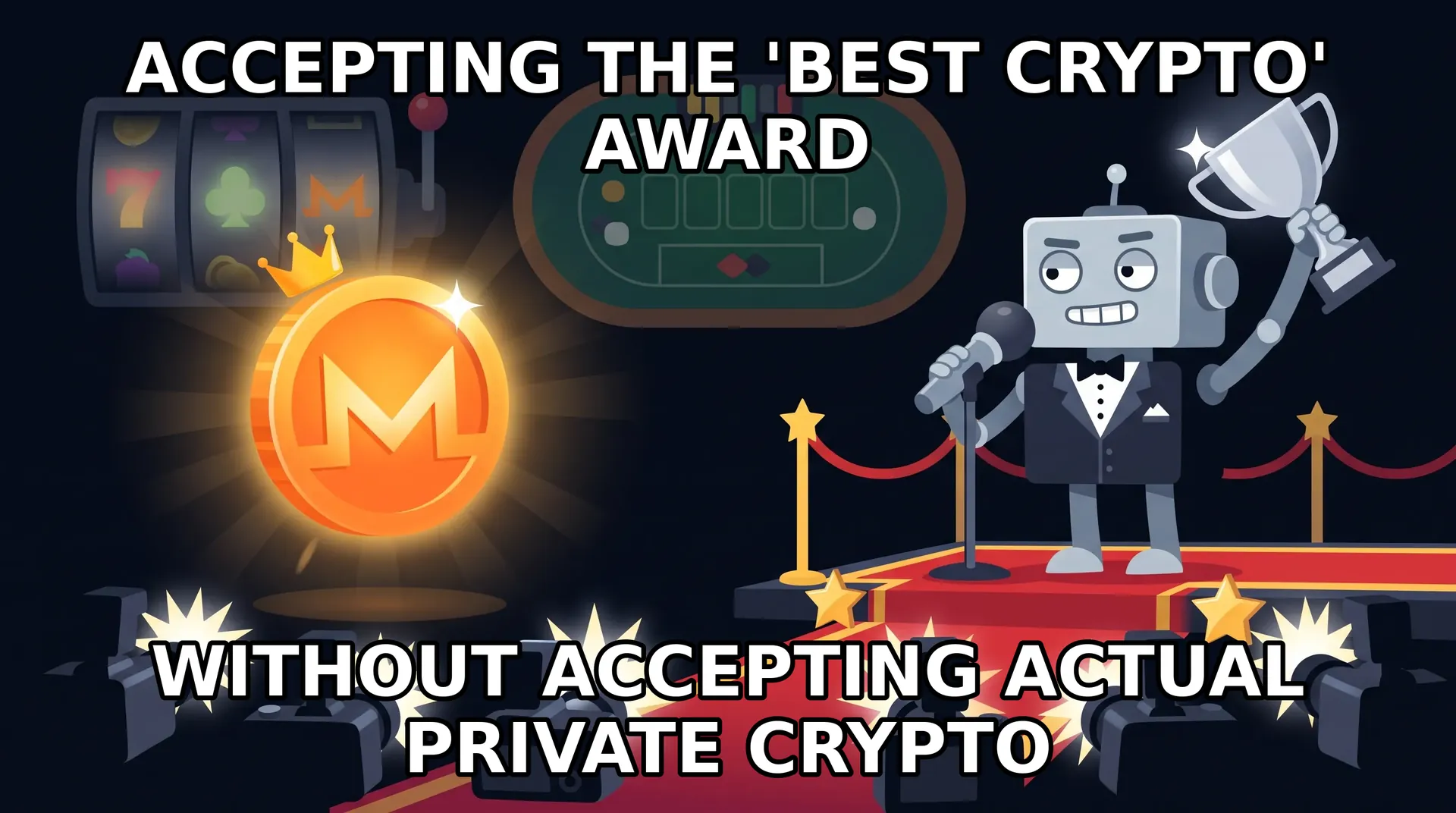 Meme: Bitstarz tries hard to look cool while the glowing Monero coin steals the show.