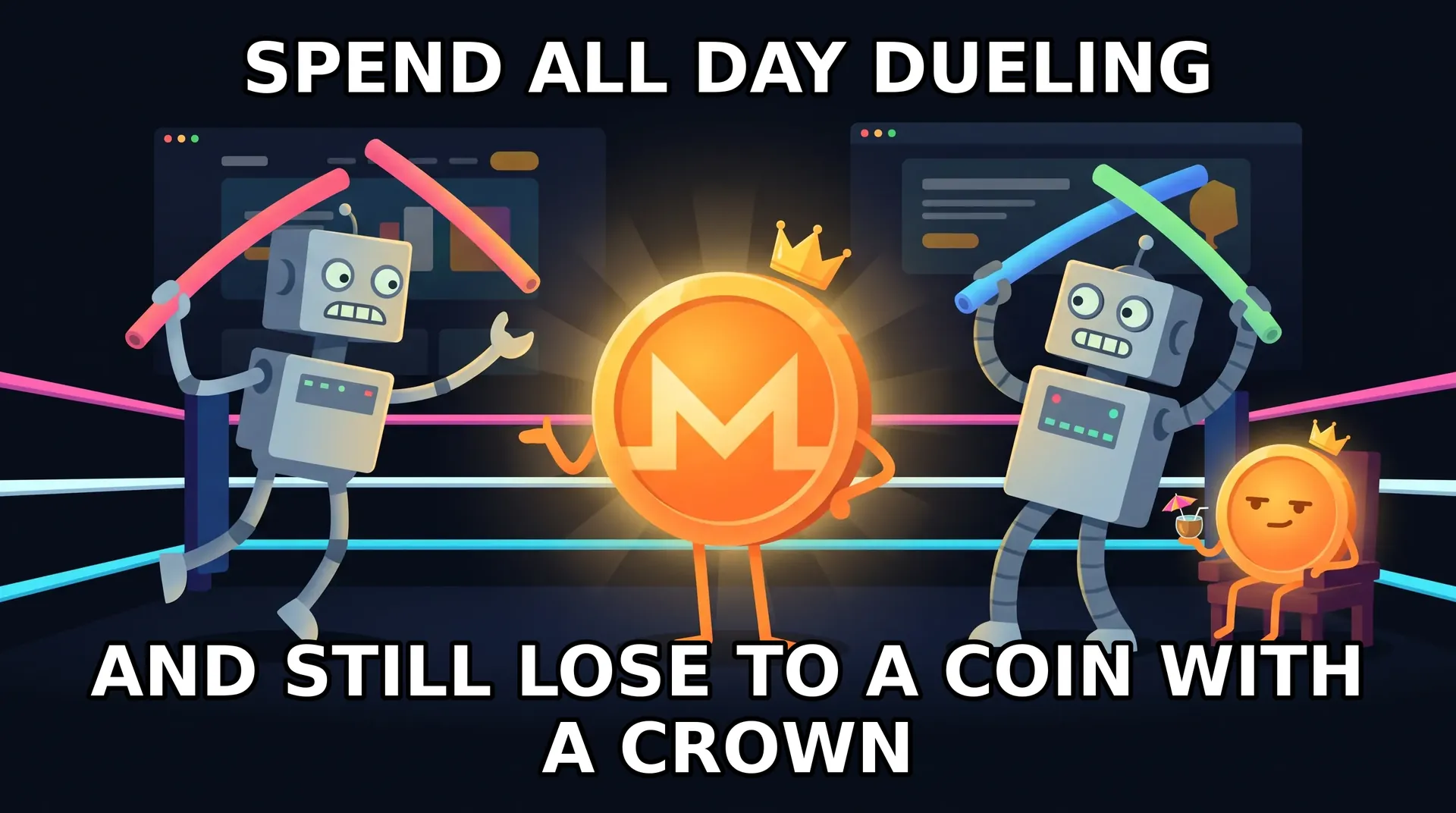Meme: Duel tries hard to look cool while the glowing Monero coin steals the show.