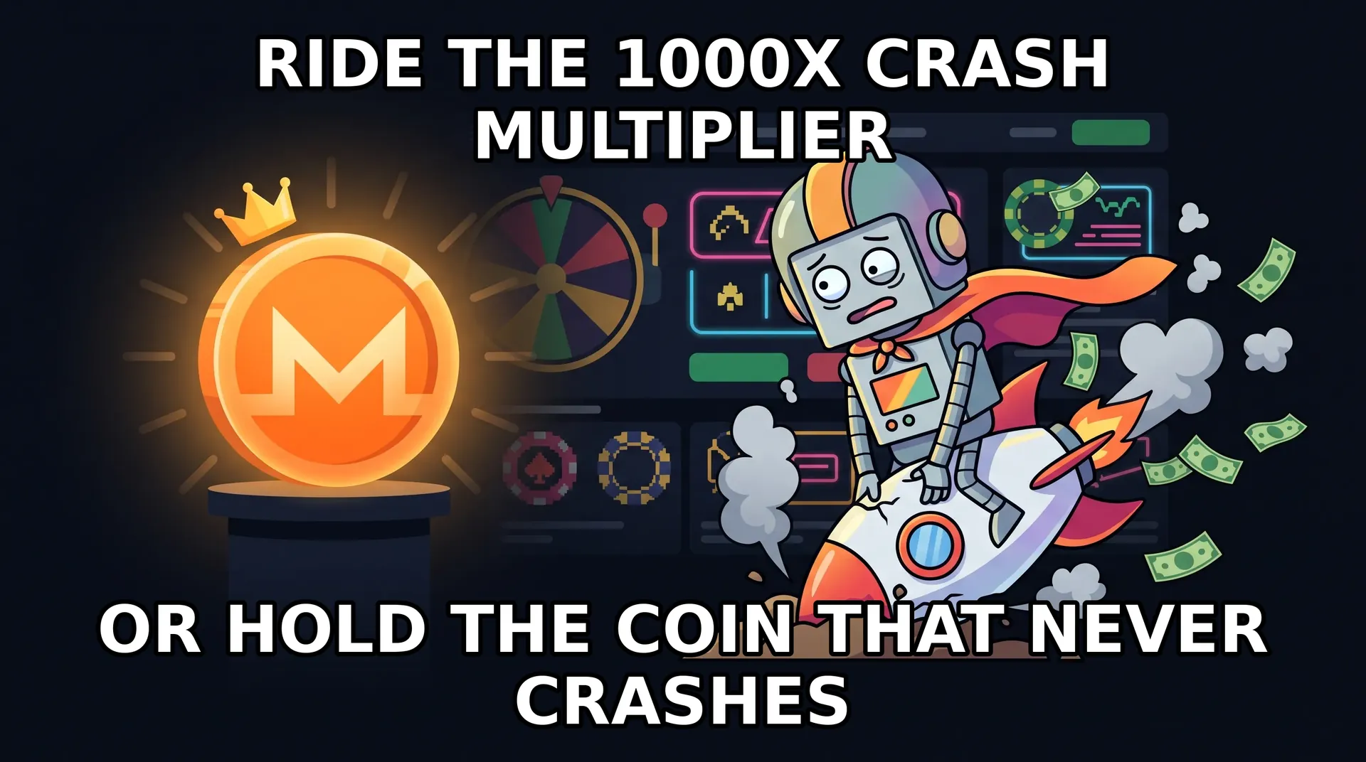 Meme: Rollbit tries hard to look cool while the glowing Monero coin steals the show.