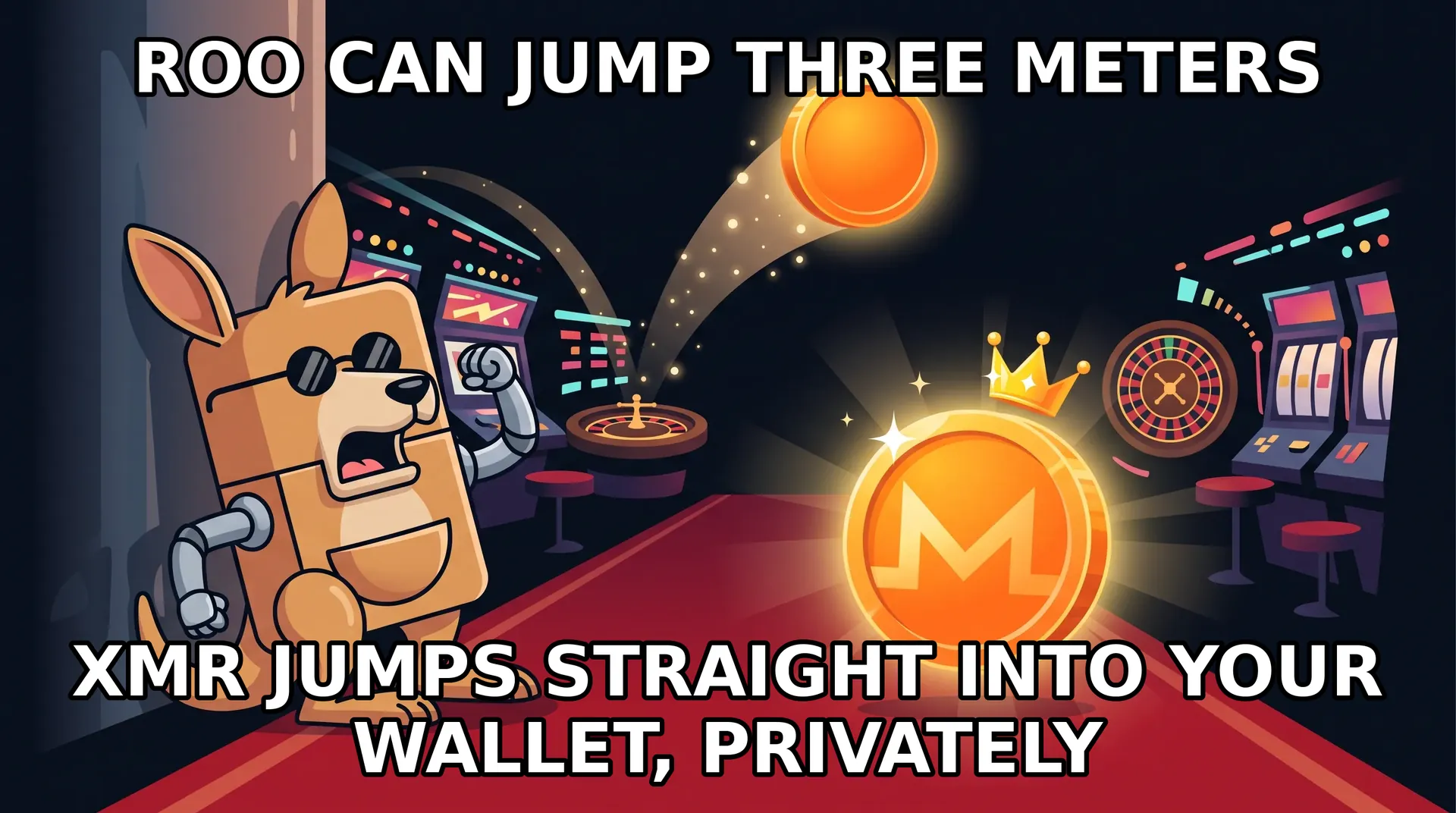 Meme: Roobet tries hard to look cool while the glowing Monero coin steals the show.