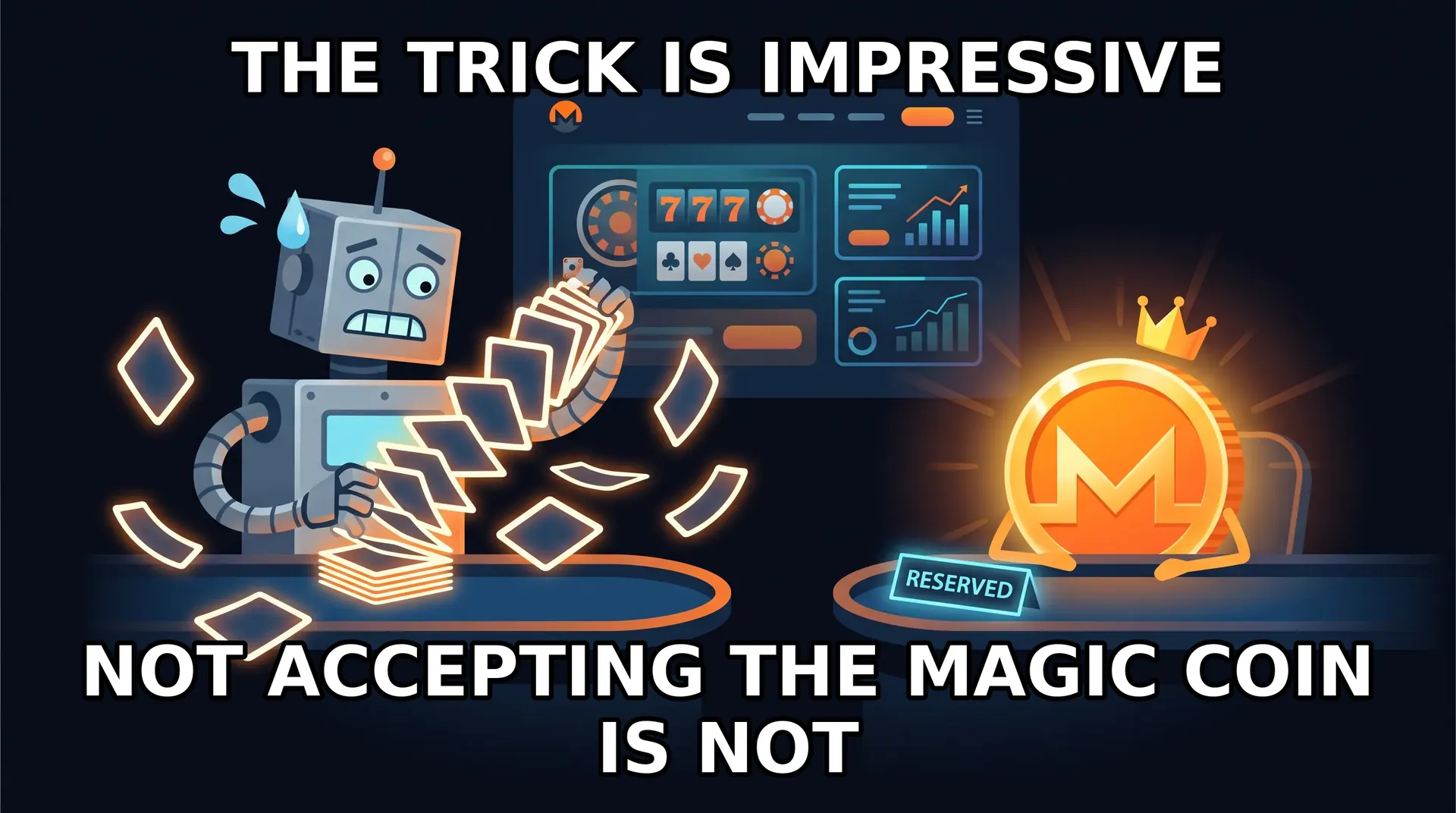 Meme: Shuffle tries hard to look cool while the glowing Monero coin steals the show.