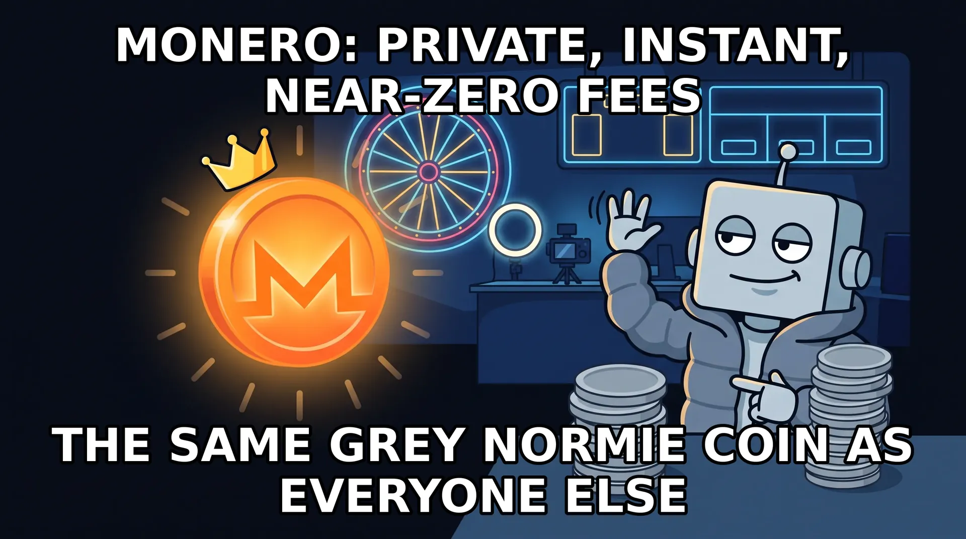 Meme: Stake tries hard to look cool while the glowing Monero coin steals the show.