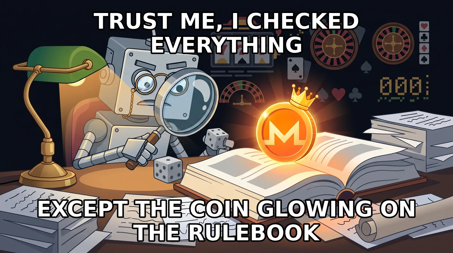 Meme: TrustDice tries hard to look cool while the glowing Monero coin steals the show.
