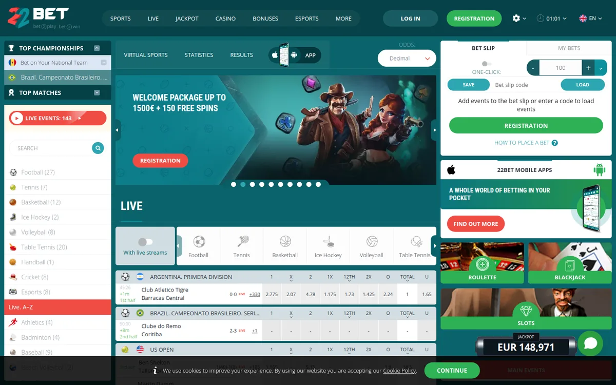 Screenshot: 22Bet homepage