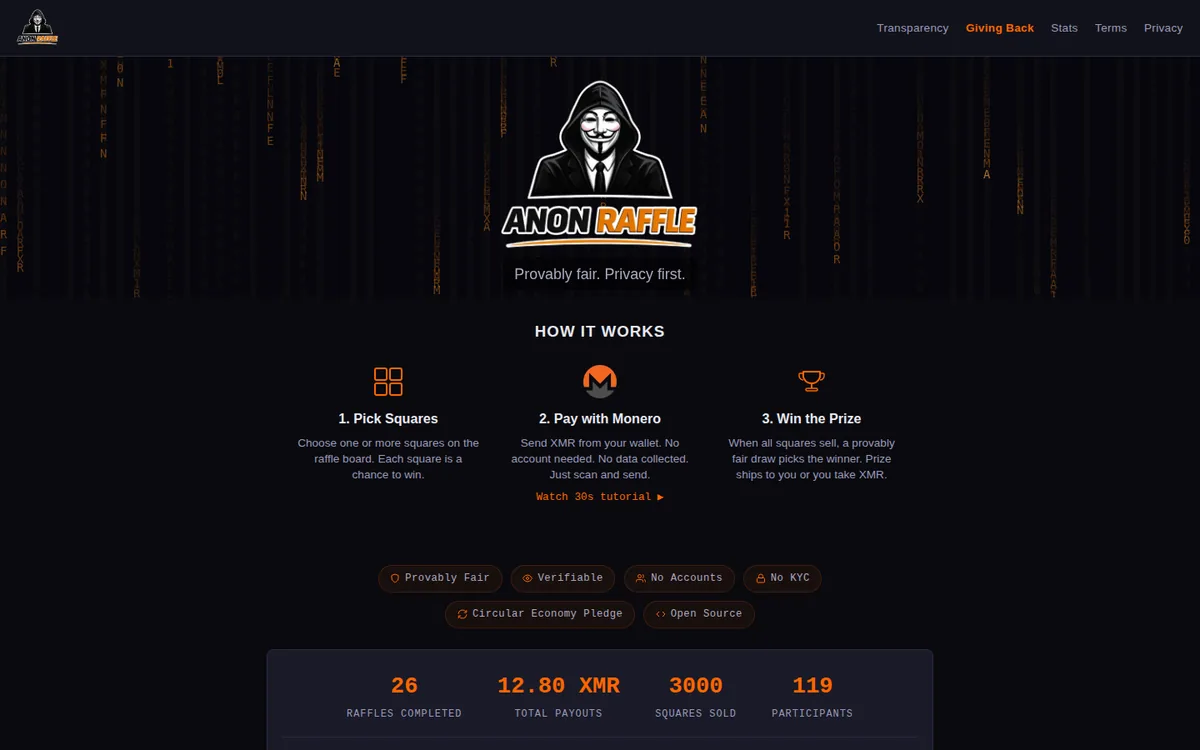 Screenshot: Anon Raffle homepage