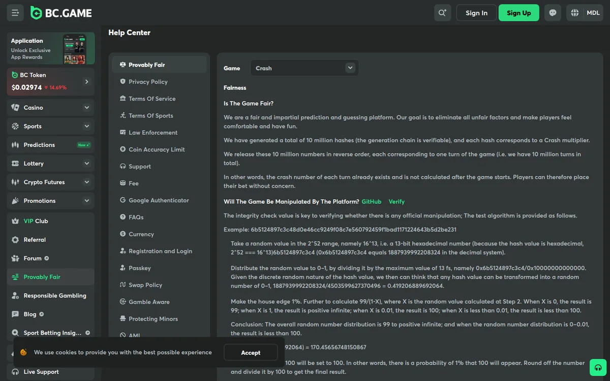 Screenshot: BC.Game provably-fair page