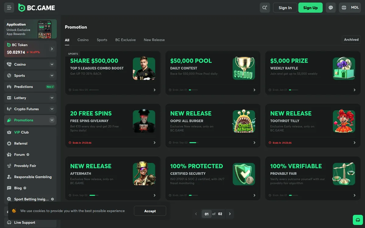 Screenshot: BC.Game promotions page
