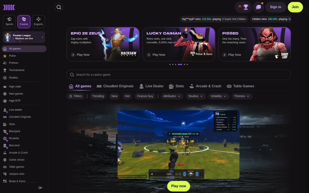Screenshot: Cloudbet game lobby