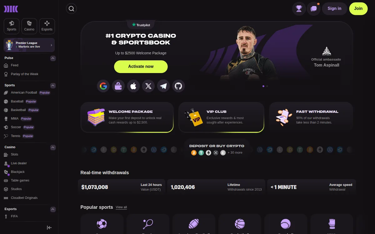 Screenshot: Cloudbet homepage
