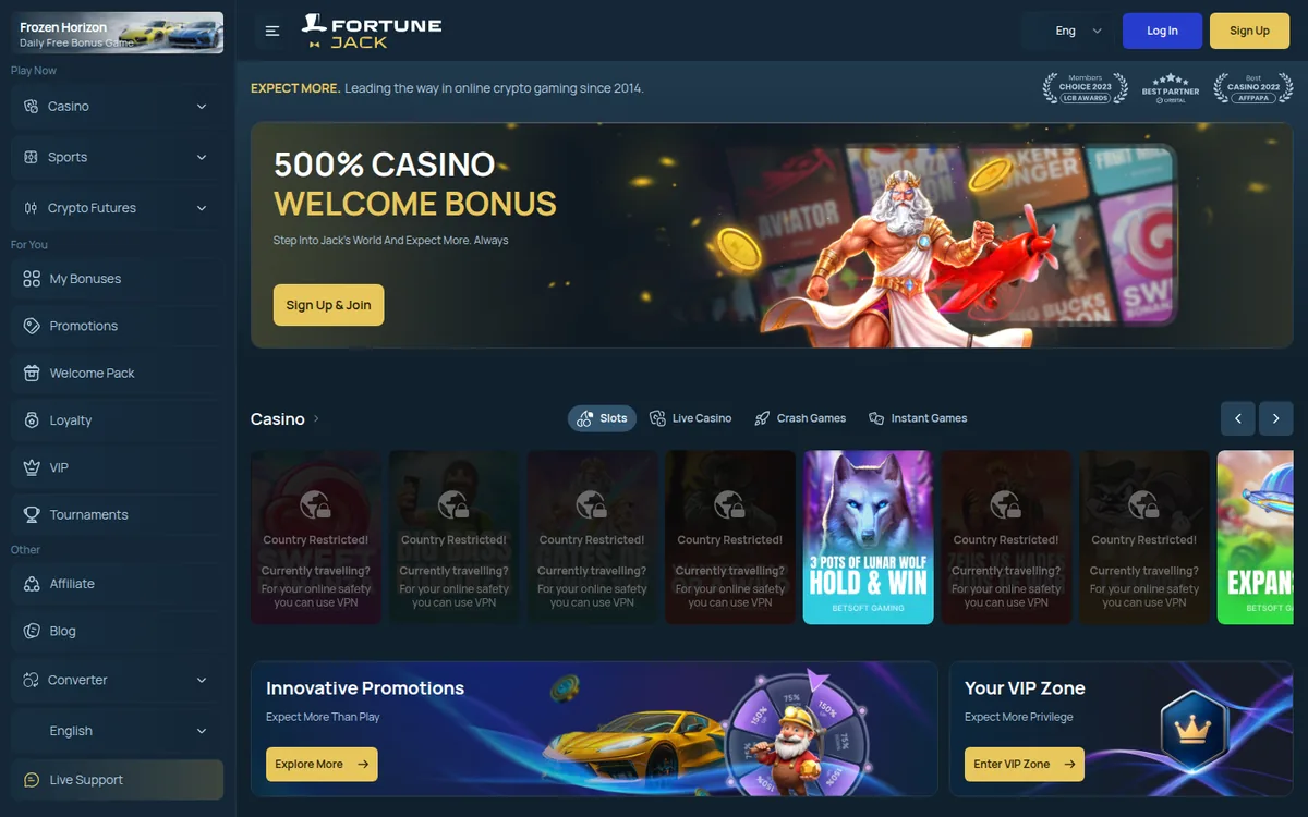 Screenshot: FortuneJack homepage