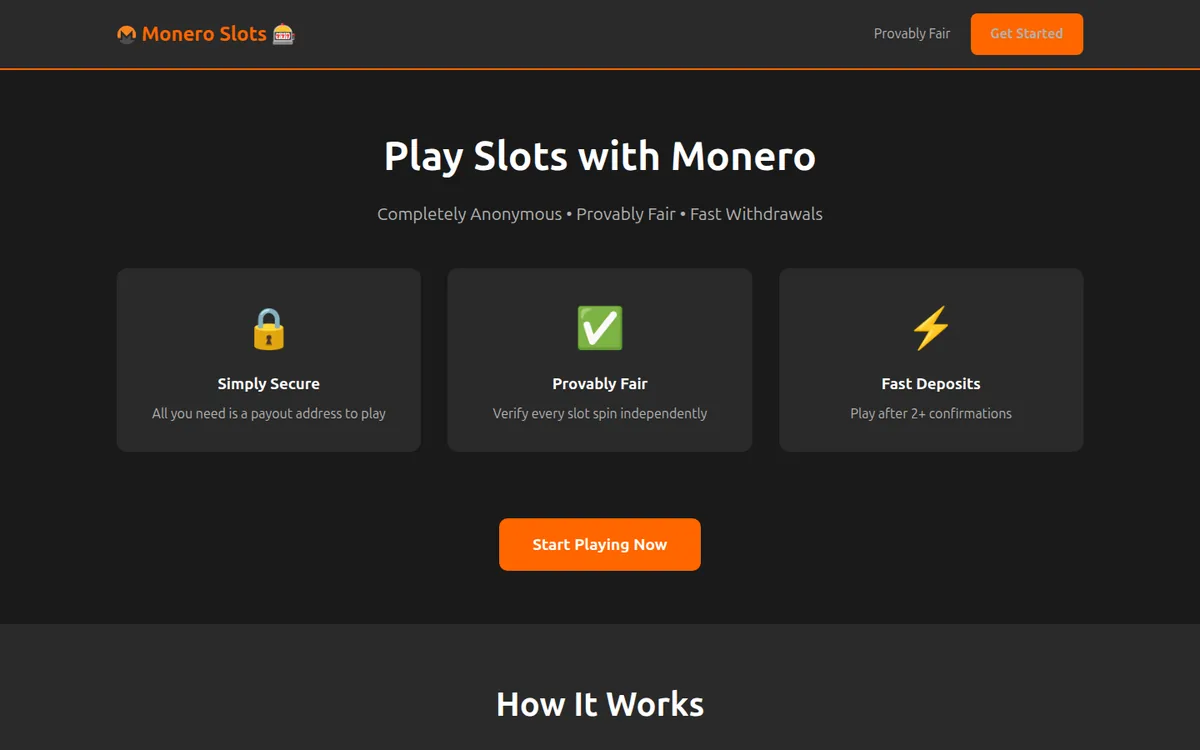 Screenshot: Monero Slots homepage