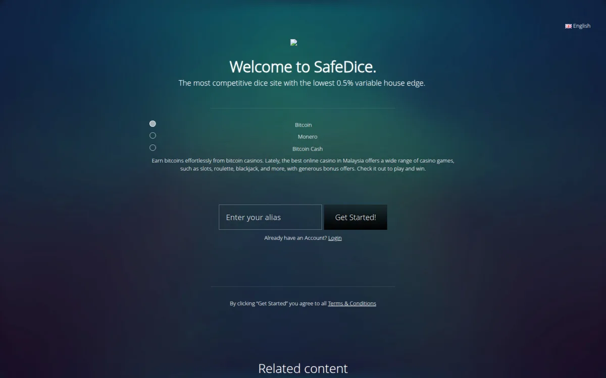 Screenshot: SafeDice homepage