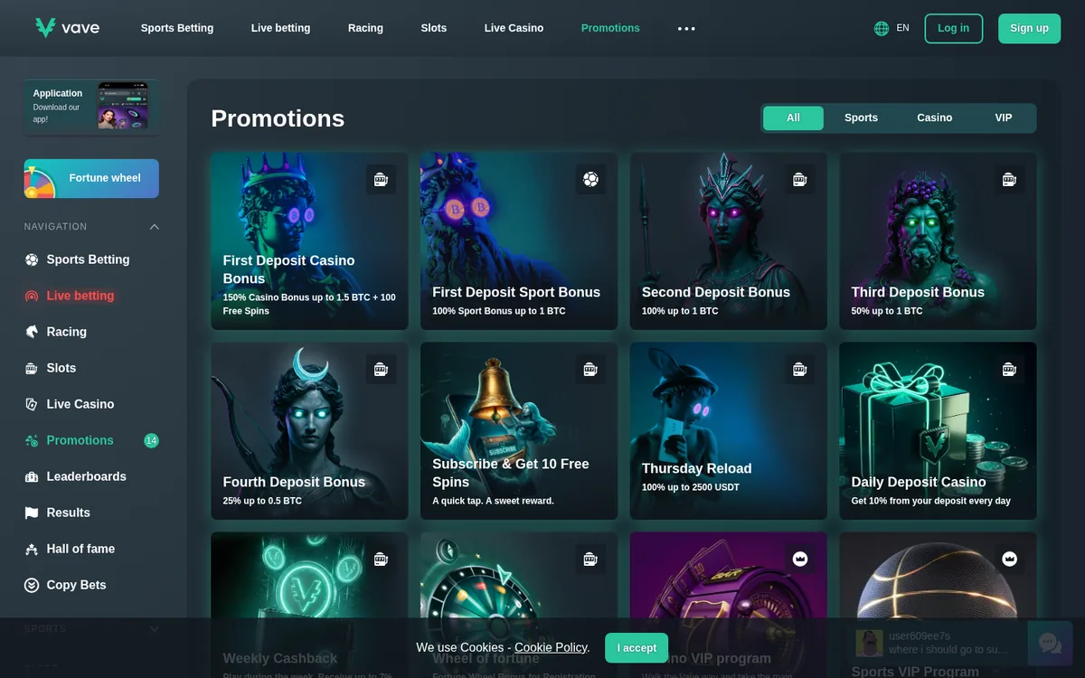 Screenshot: Vave promotions page