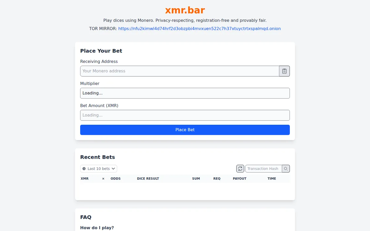 Screenshot: XMR.BAR homepage
