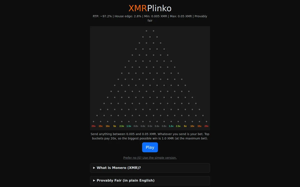 Screenshot: XMR Plinko homepage